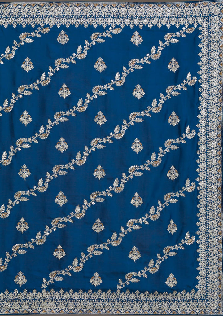 Royal Blue Threadwork Satin Saree-Koskii