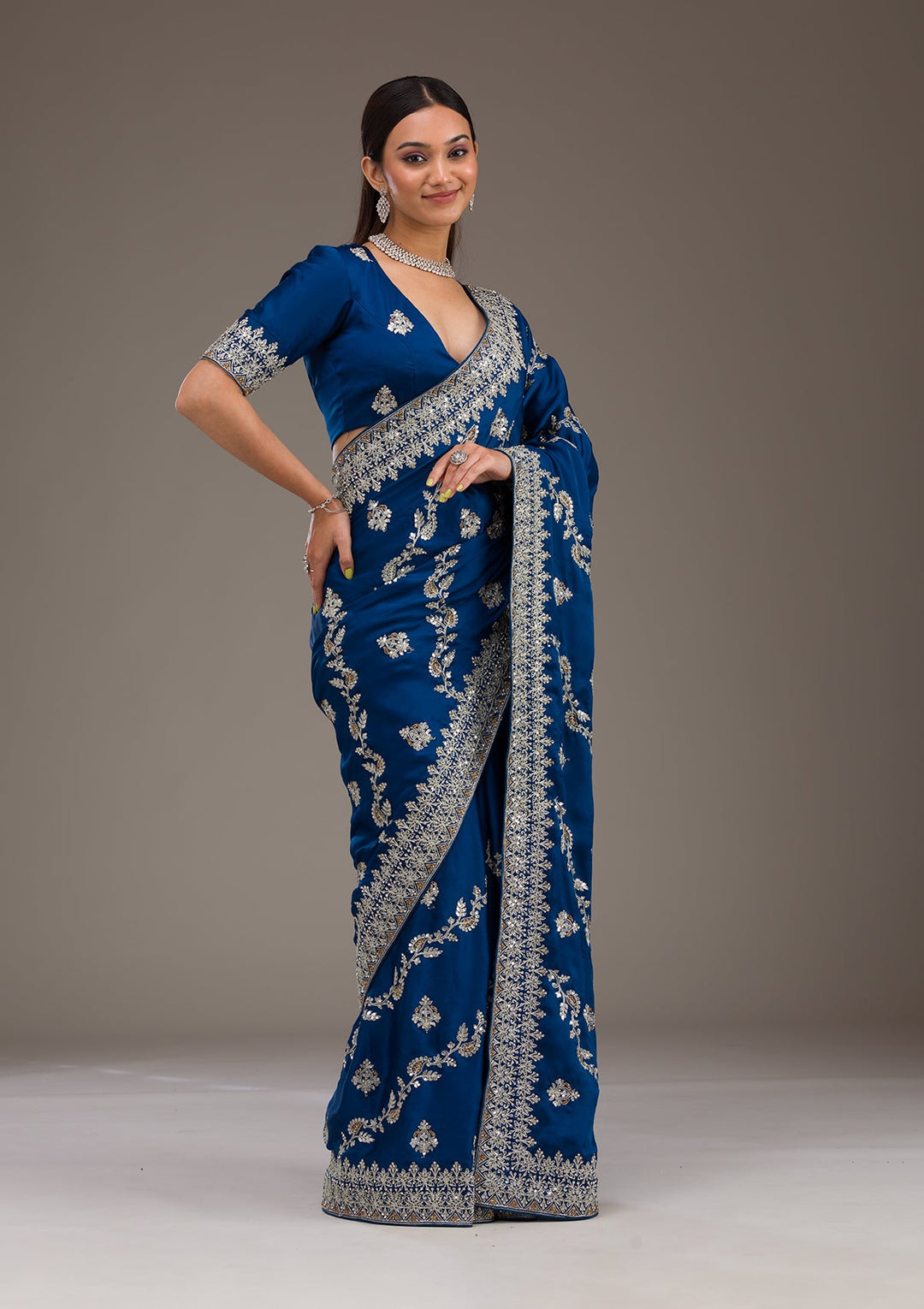 Royal Blue Threadwork Satin Saree-Koskii
