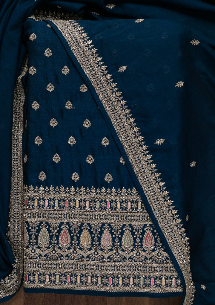 Royal Blue Zariwork Raw Silk Unstitched Salwar Suit-Koskii