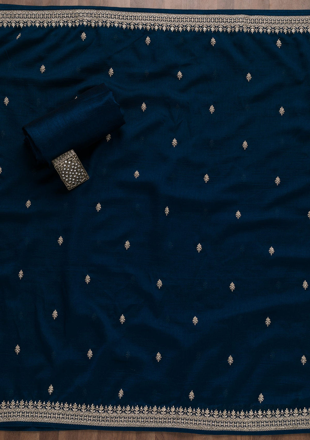 Royal Blue Zariwork Raw Silk Unstitched Salwar Suit-Koskii