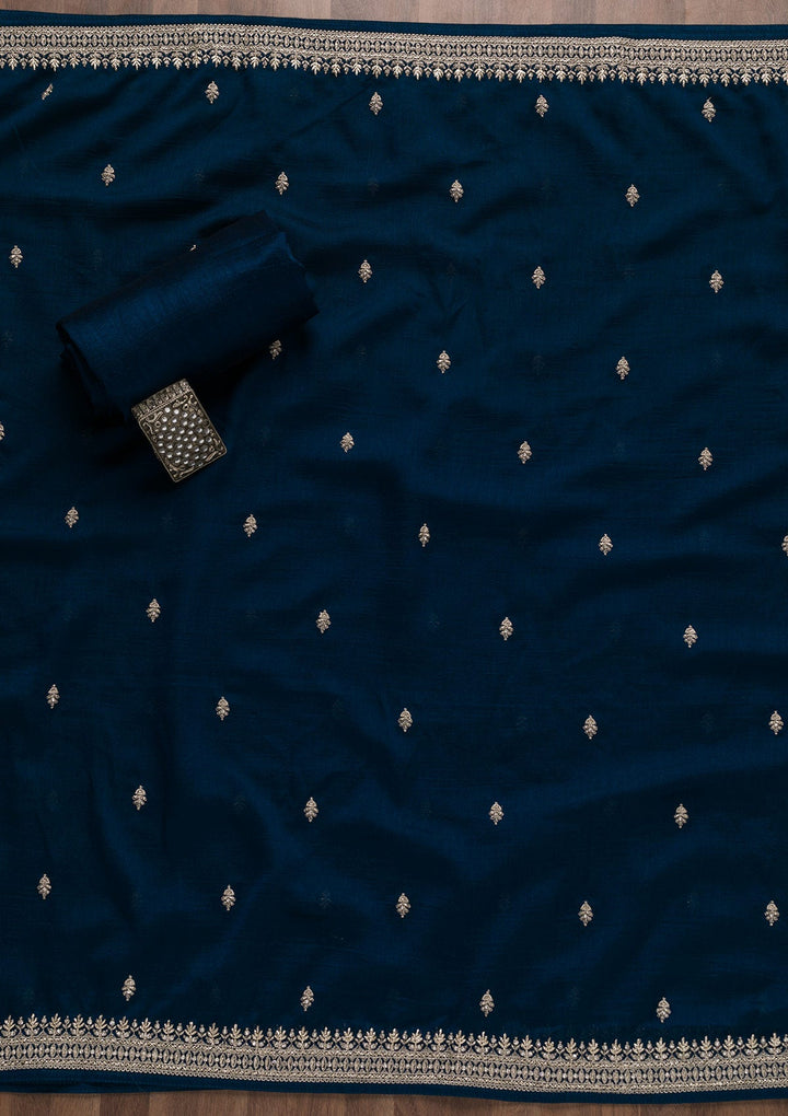 Royal Blue Zariwork Raw Silk Unstitched Salwar Suit-Koskii