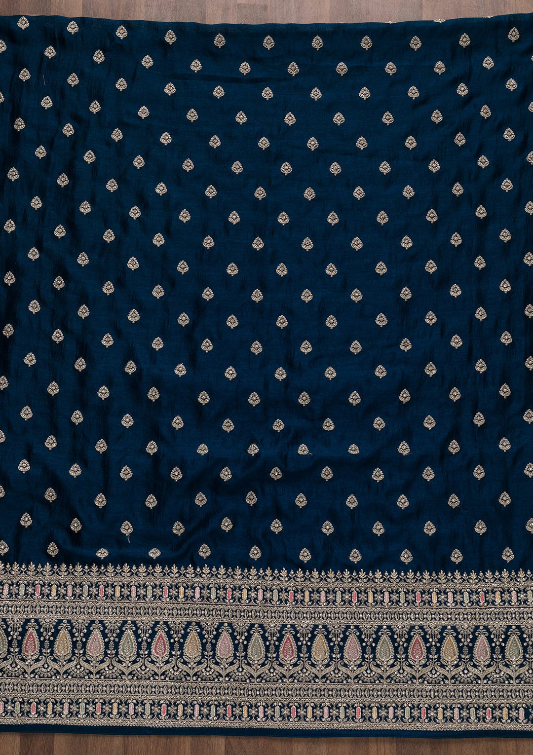 Royal Blue Zariwork Raw Silk Unstitched Salwar Suit-Koskii