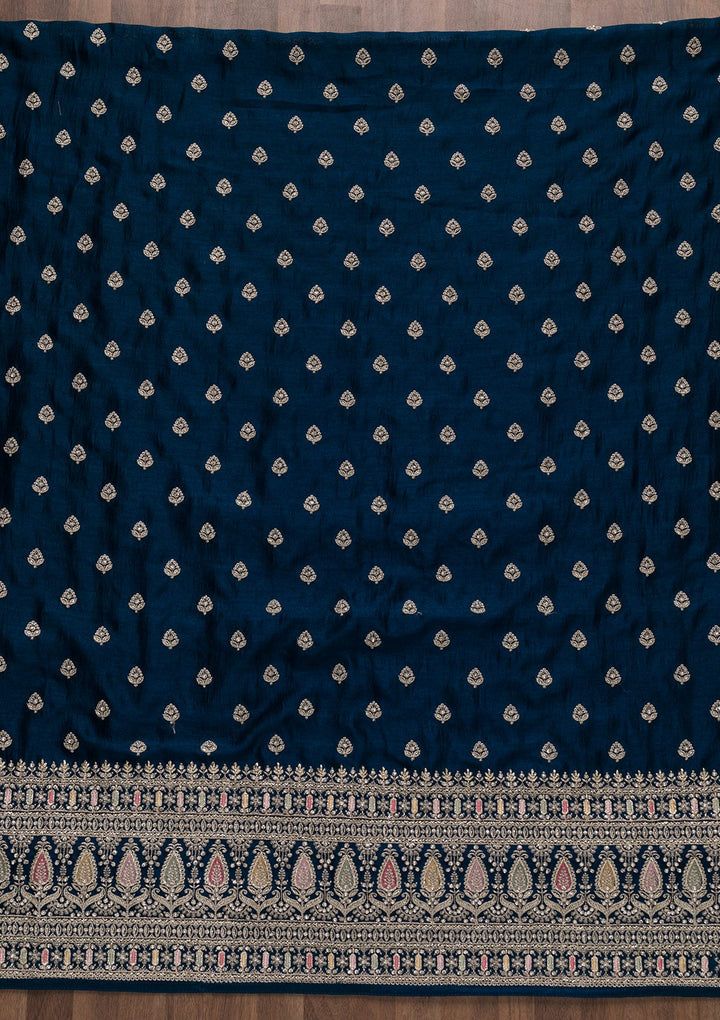Royal Blue Zariwork Raw Silk Unstitched Salwar Suit-Koskii