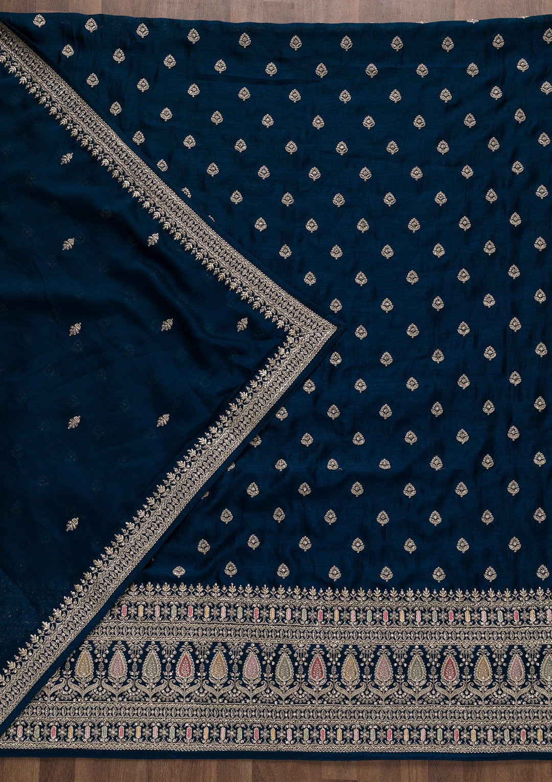 Royal Blue Zariwork Raw Silk Unstitched Salwar Suit-Koskii