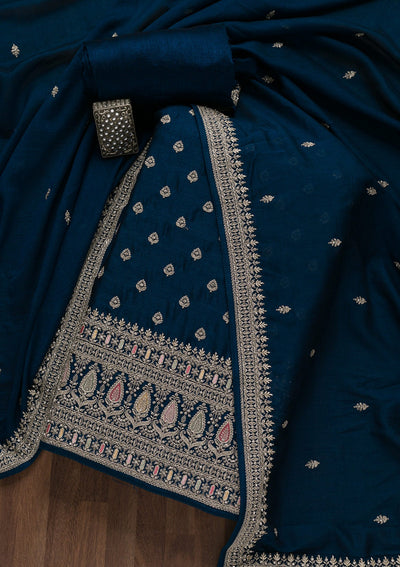 Royal Blue Zariwork Raw Silk Unstitched Salwar Suit-Koskii