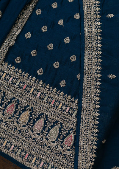 Royal Blue Zariwork Raw Silk Unstitched Salwar Suit-Koskii