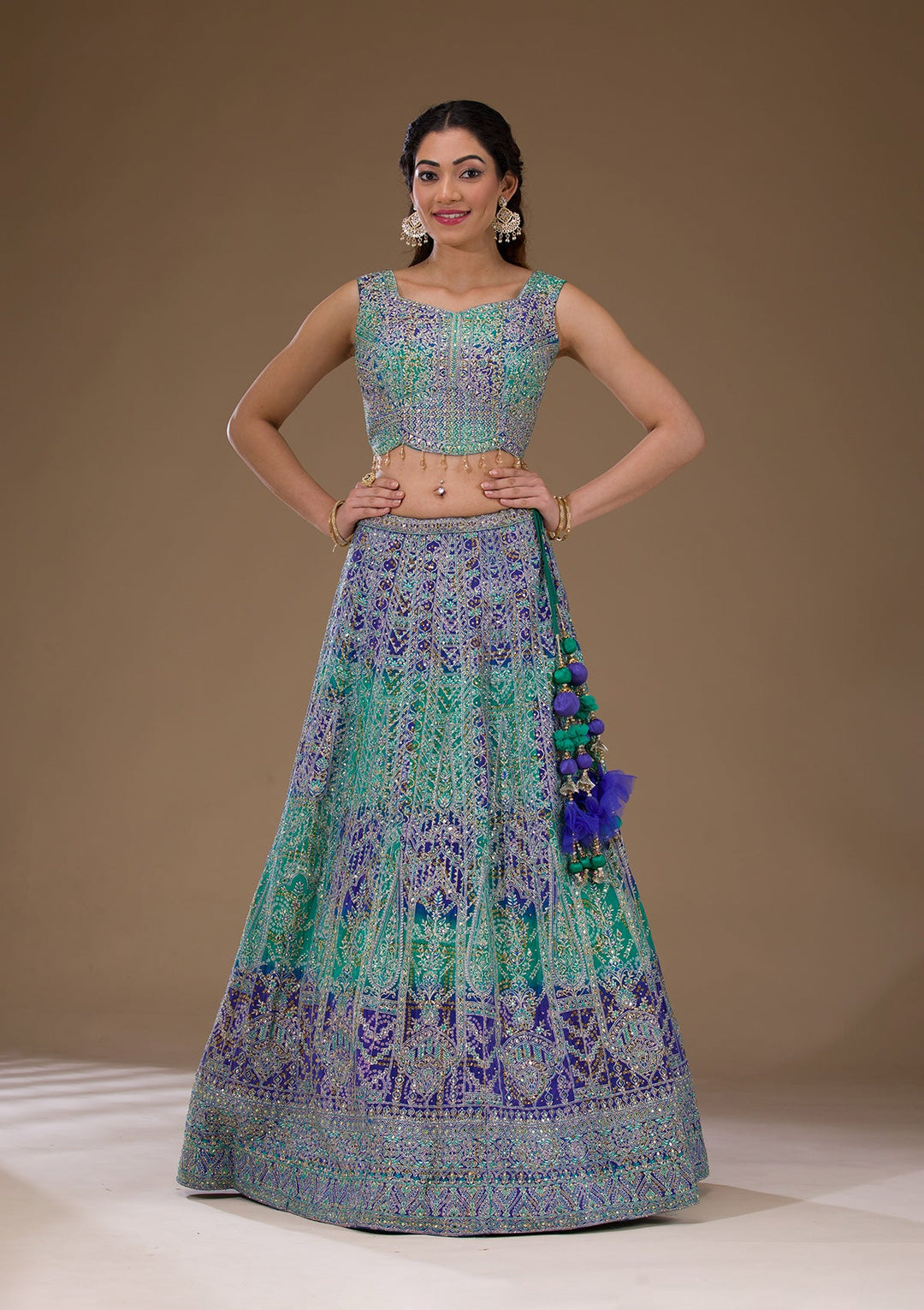 Royal Blue Zariwork Semi Crepe Readymade Lehenga-Koskii