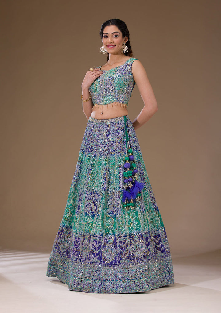 Royal Blue Zariwork Semi Crepe Readymade Lehenga-Koskii
