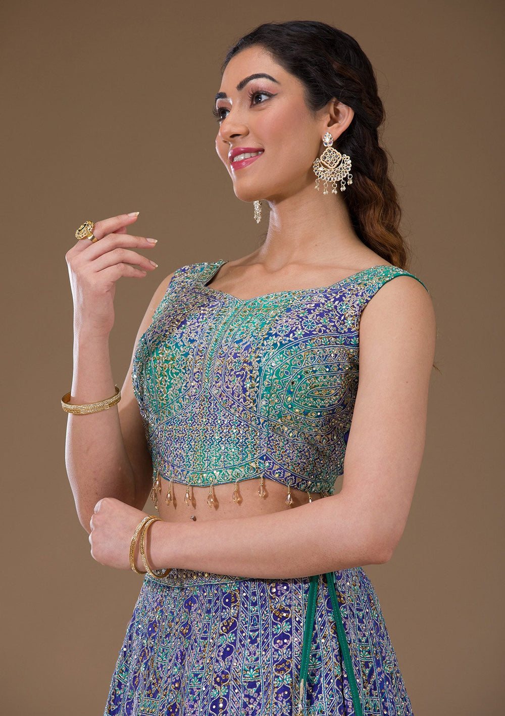Royal Blue Zariwork Semi Crepe Readymade Lehenga-Koskii