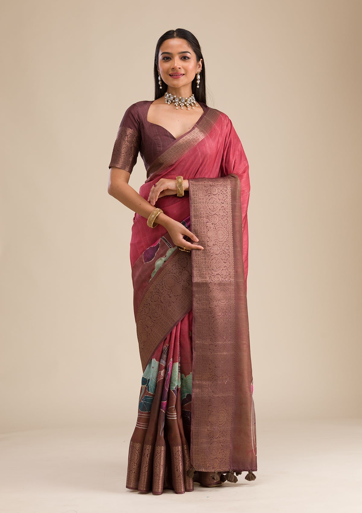 Rust Printed Art Silk Saree-Koskii