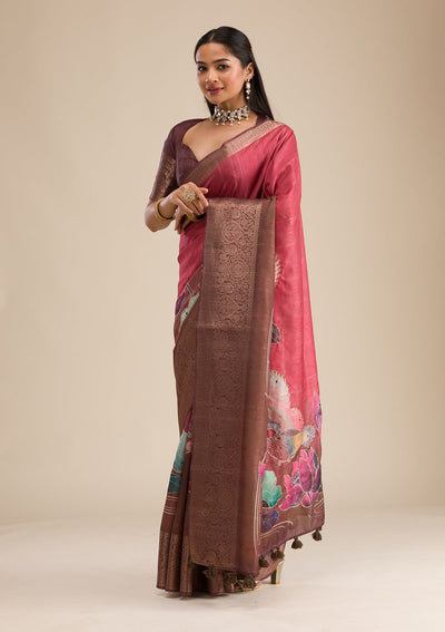 Rust Printed Art Silk Saree-Koskii