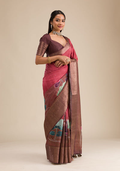 Rust Printed Art Silk Saree-Koskii