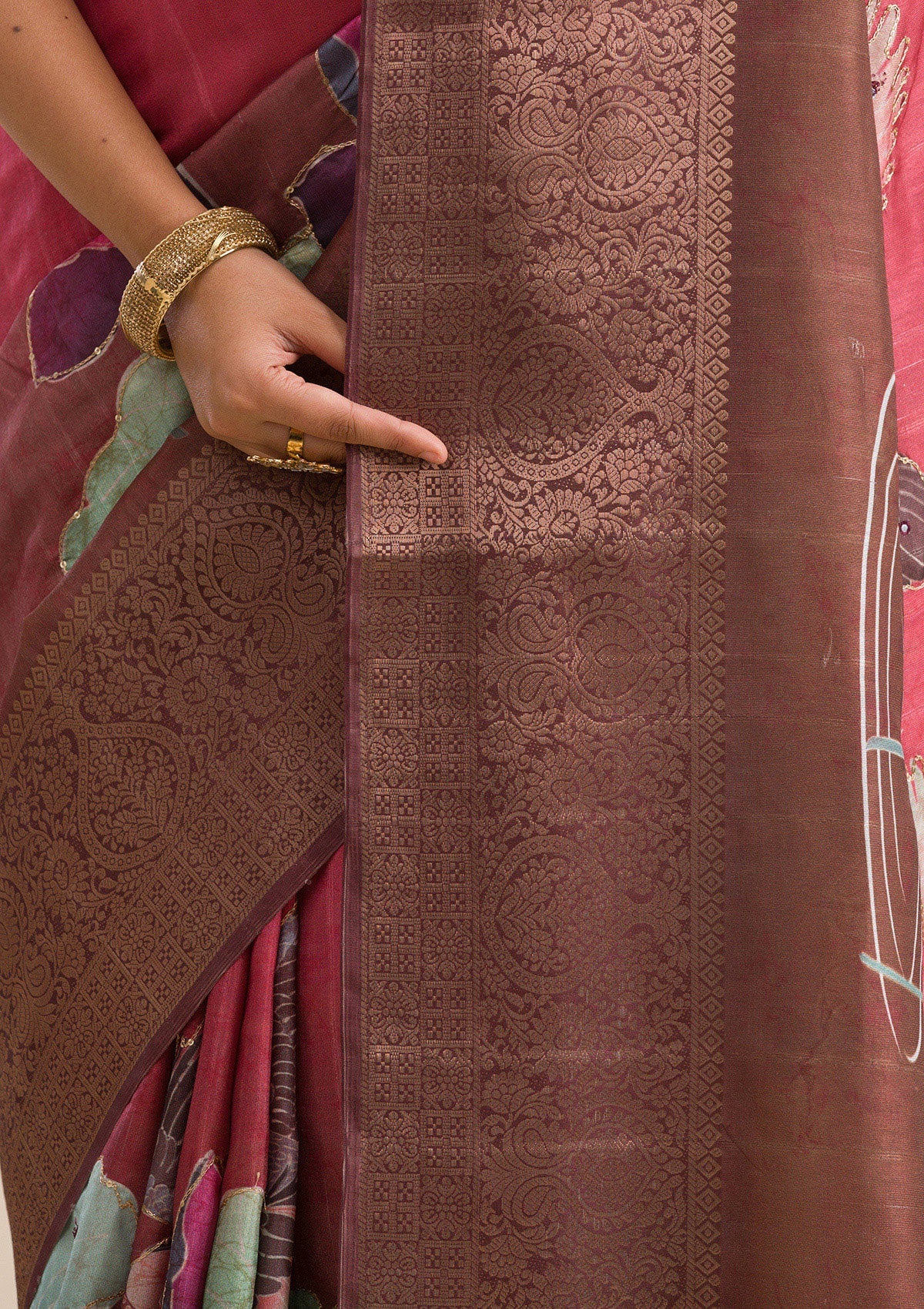 Rust Printed Art Silk Saree-Koskii