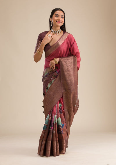 Rust Printed Art Silk Saree-Koskii