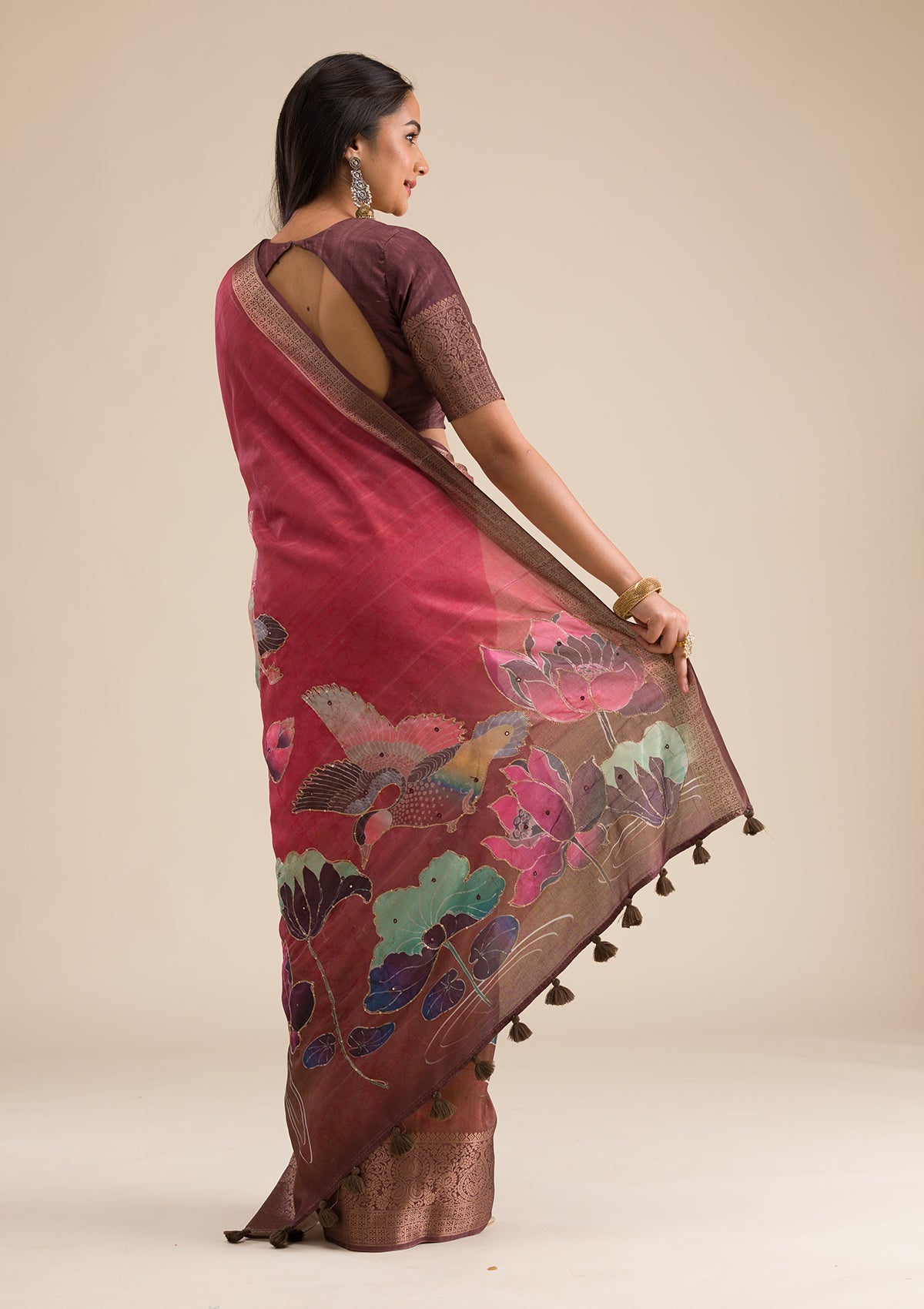 Rust Printed Art Silk Saree-Koskii