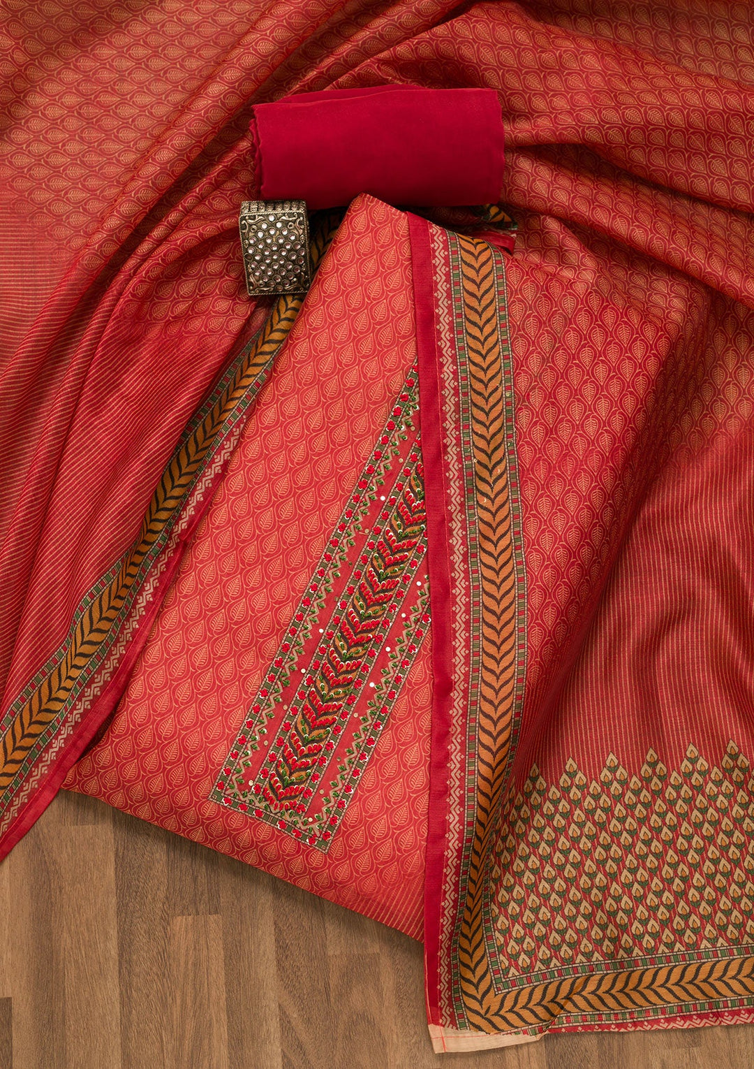 Rust Printed Chanderi Unstitched Salwar Suit-Koskii