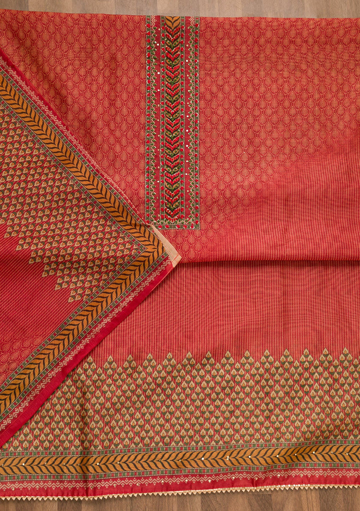 Rust Printed Chanderi Unstitched Salwar Suit-Koskii