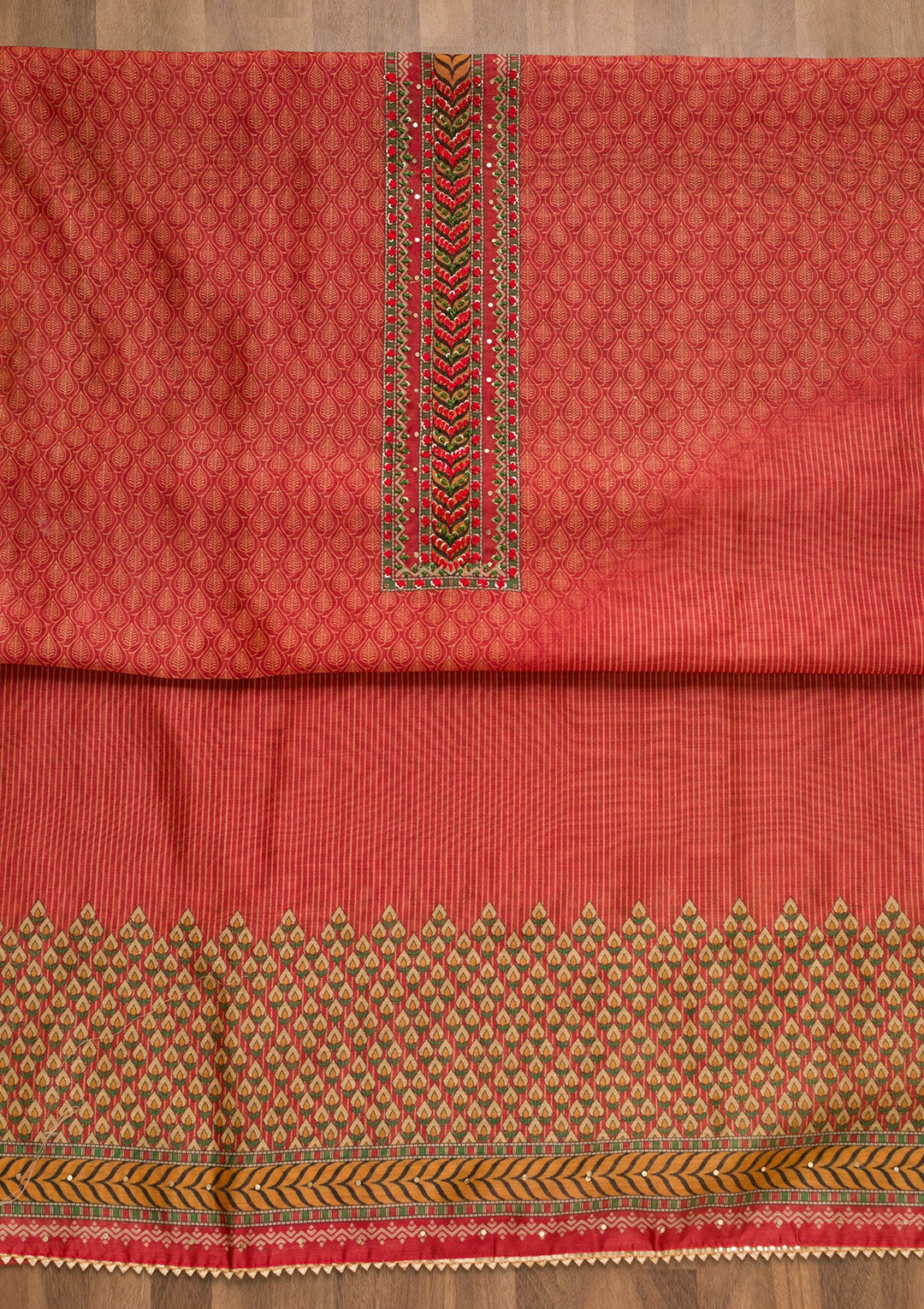 Rust Printed Chanderi Unstitched Salwar Suit-Koskii