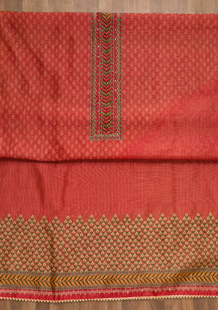Rust Printed Chanderi Unstitched Salwar Suit-Koskii