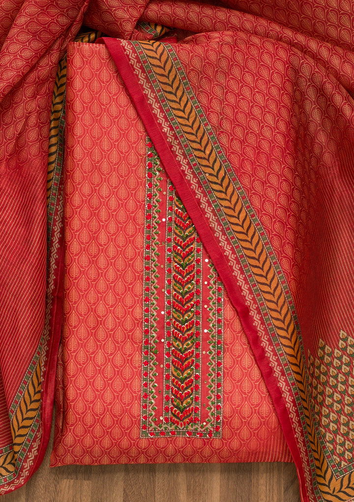 Rust Printed Chanderi Unstitched Salwar Suit-Koskii