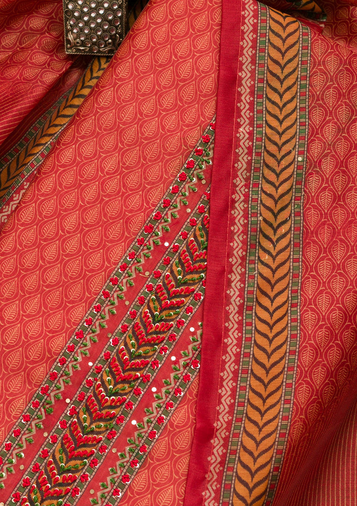 Rust Printed Chanderi Unstitched Salwar Suit-Koskii