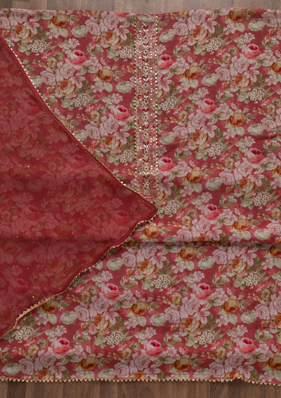 Rust Printed Chiffon Unstitched Salwar Suit-Koskii