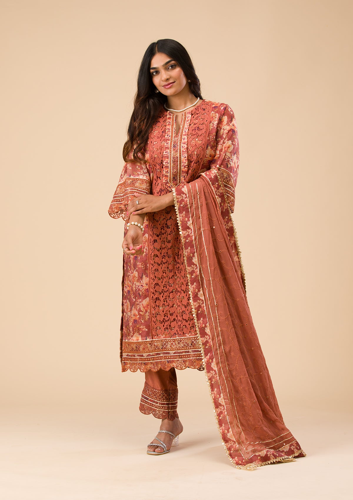 Rust Printed Organza Unstitched Salwar Suit