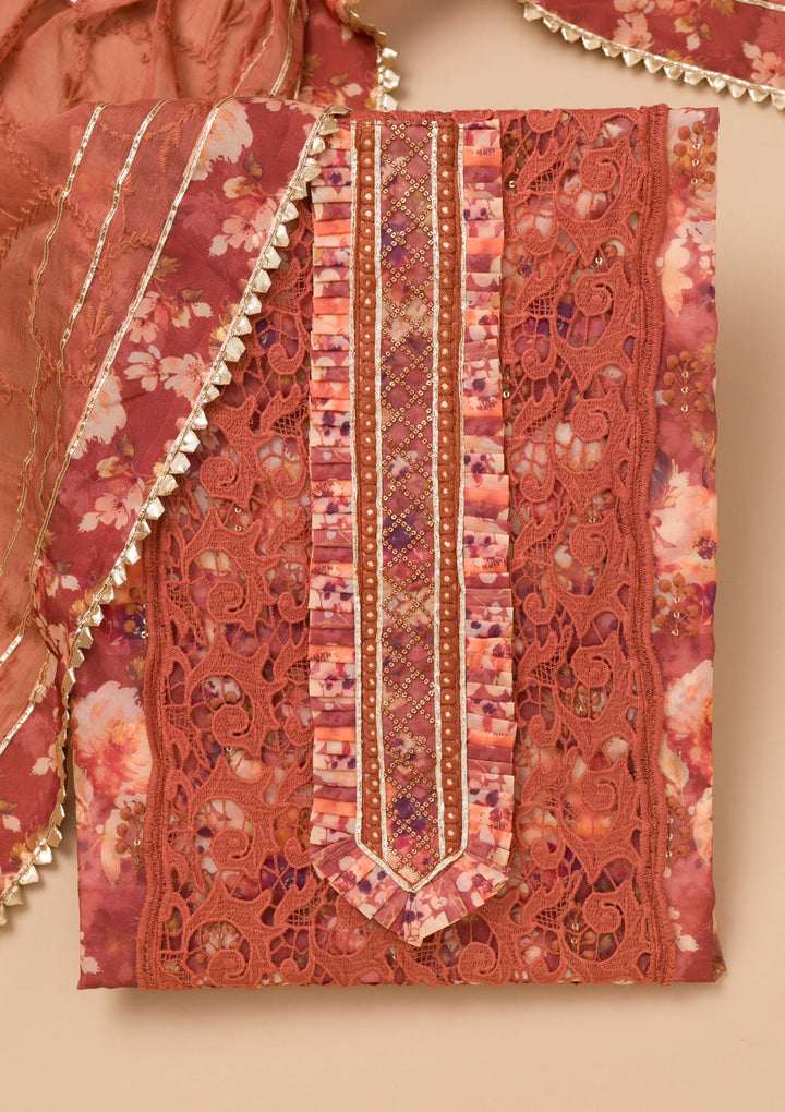 Rust Printed Organza Unstitched Salwar Kameez-Koskii