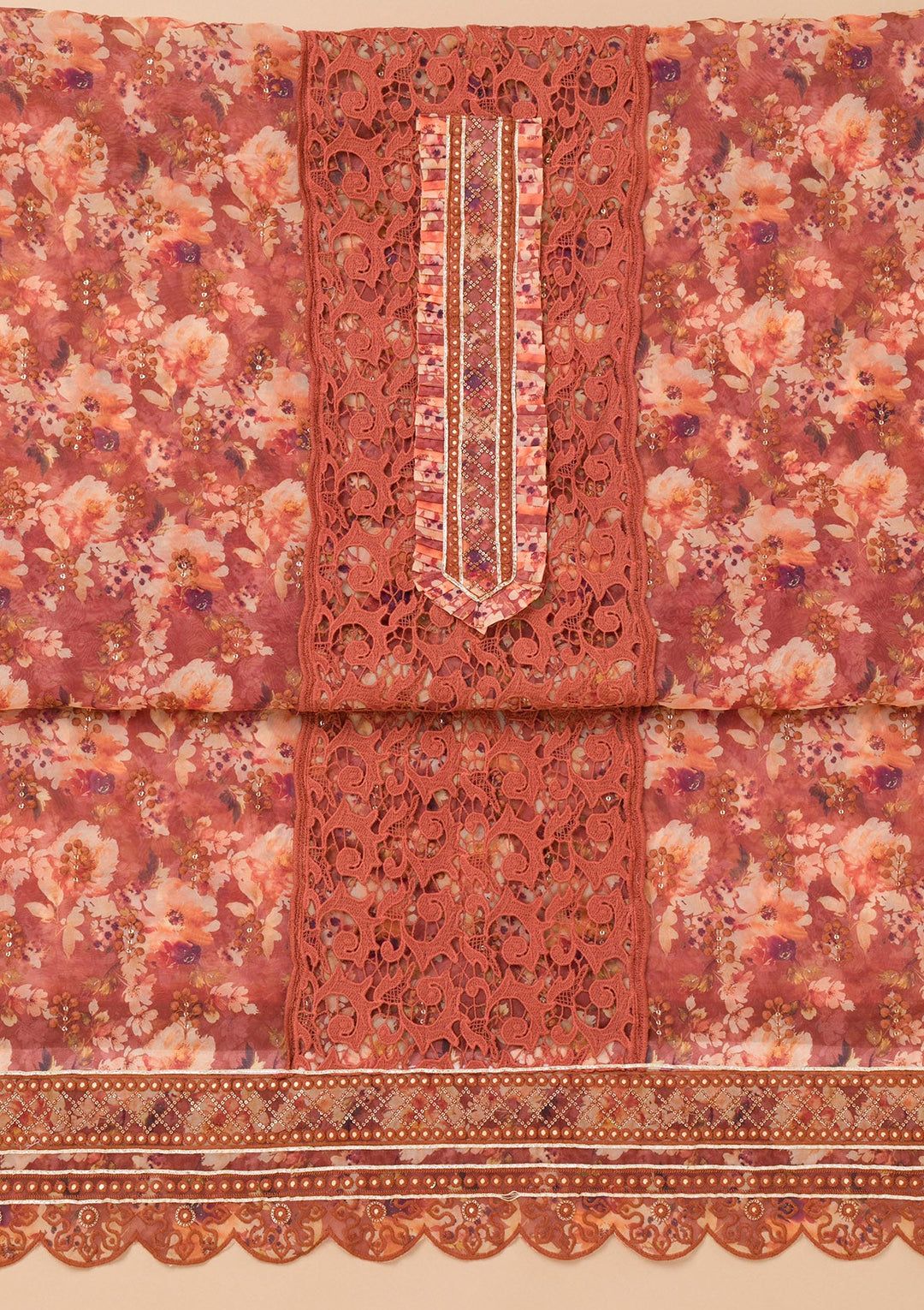 Rust Printed Organza Unstitched Salwar Kameez-Koskii