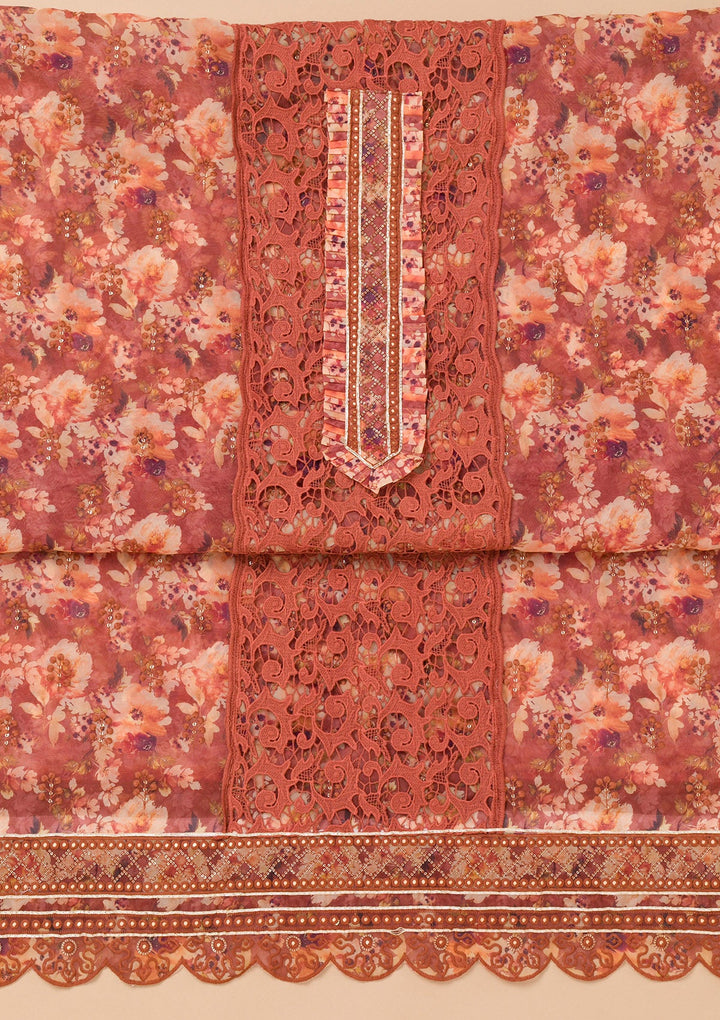 Rust Printed Organza Unstitched Salwar Kameez-Koskii