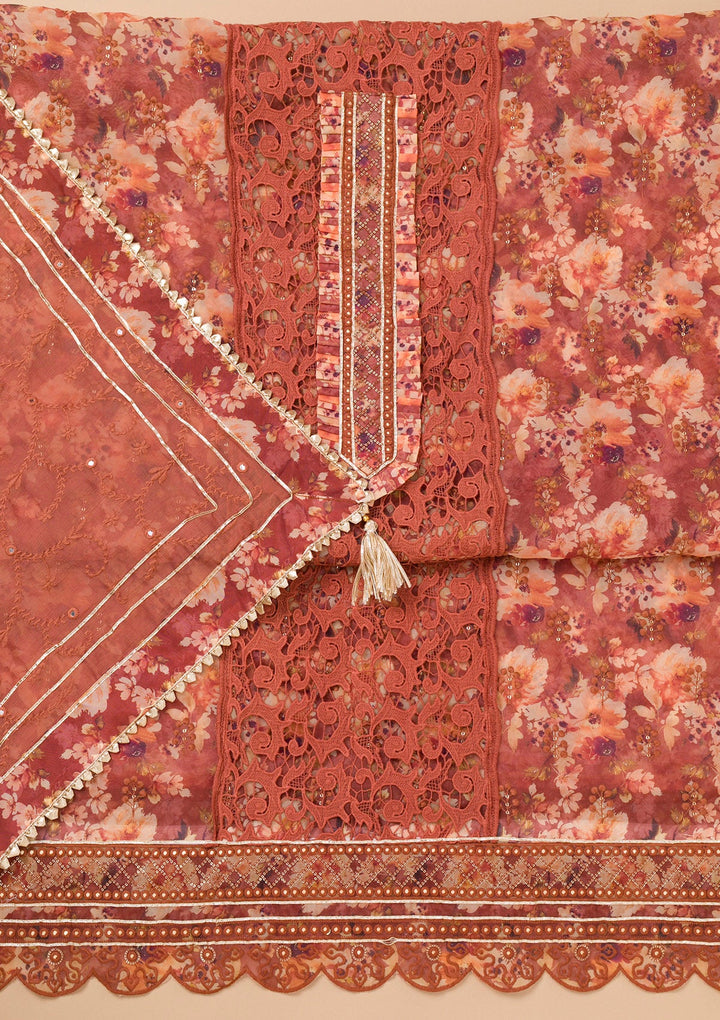 Rust Printed Organza Unstitched Salwar Kameez-Koskii