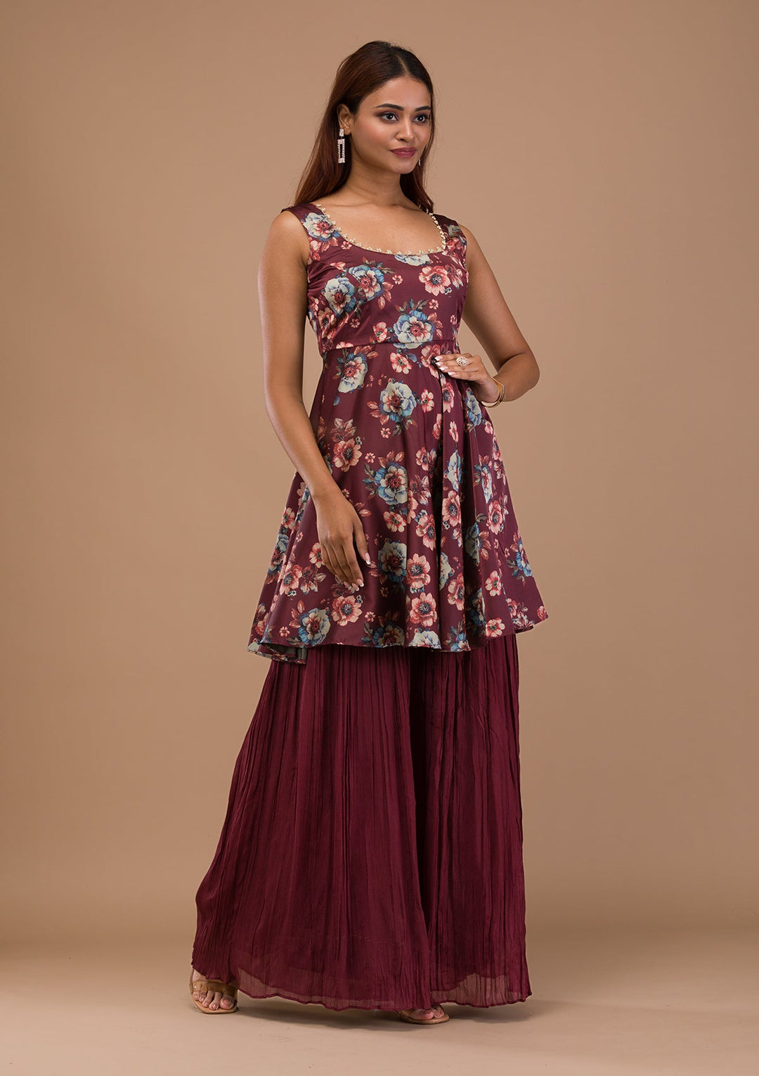 Rust Printed Semi Crepe Readymade Salwar Suit-Koskii