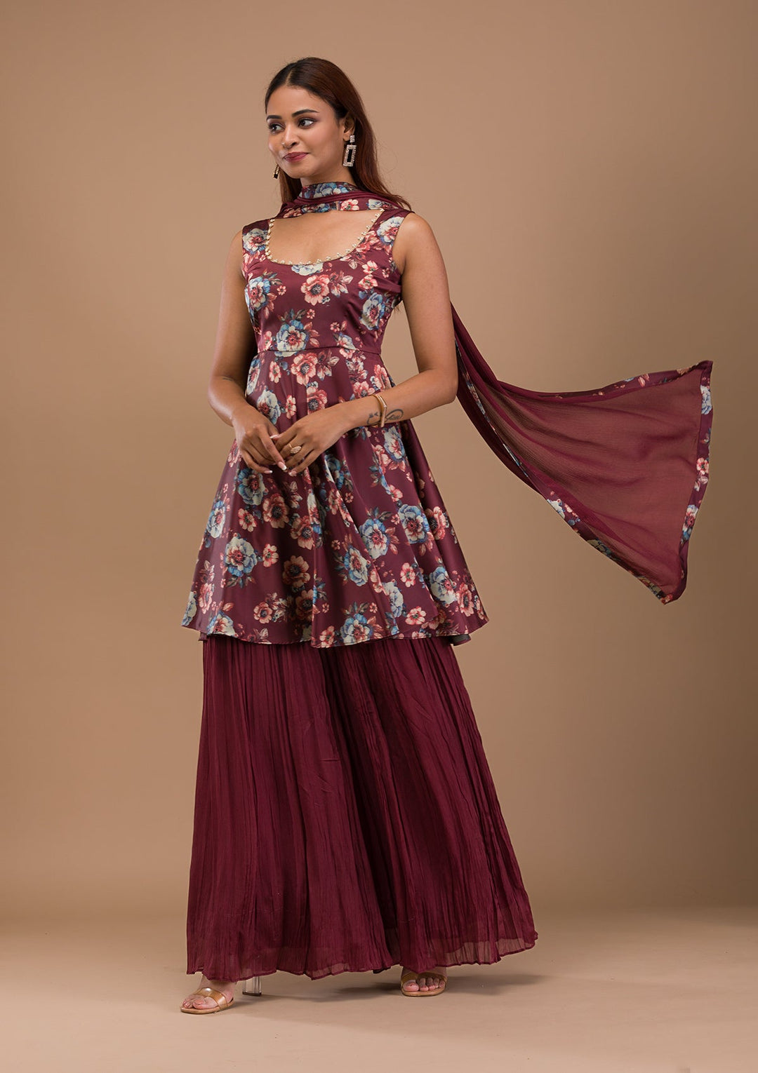 Rust Printed Semi Crepe Readymade Salwar Suit-Koskii