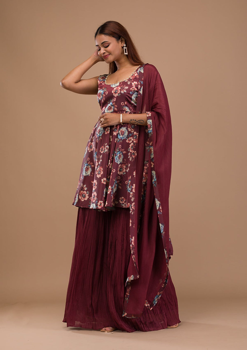 Rust Printed Semi Crepe Readymade Salwar Suit-Koskii