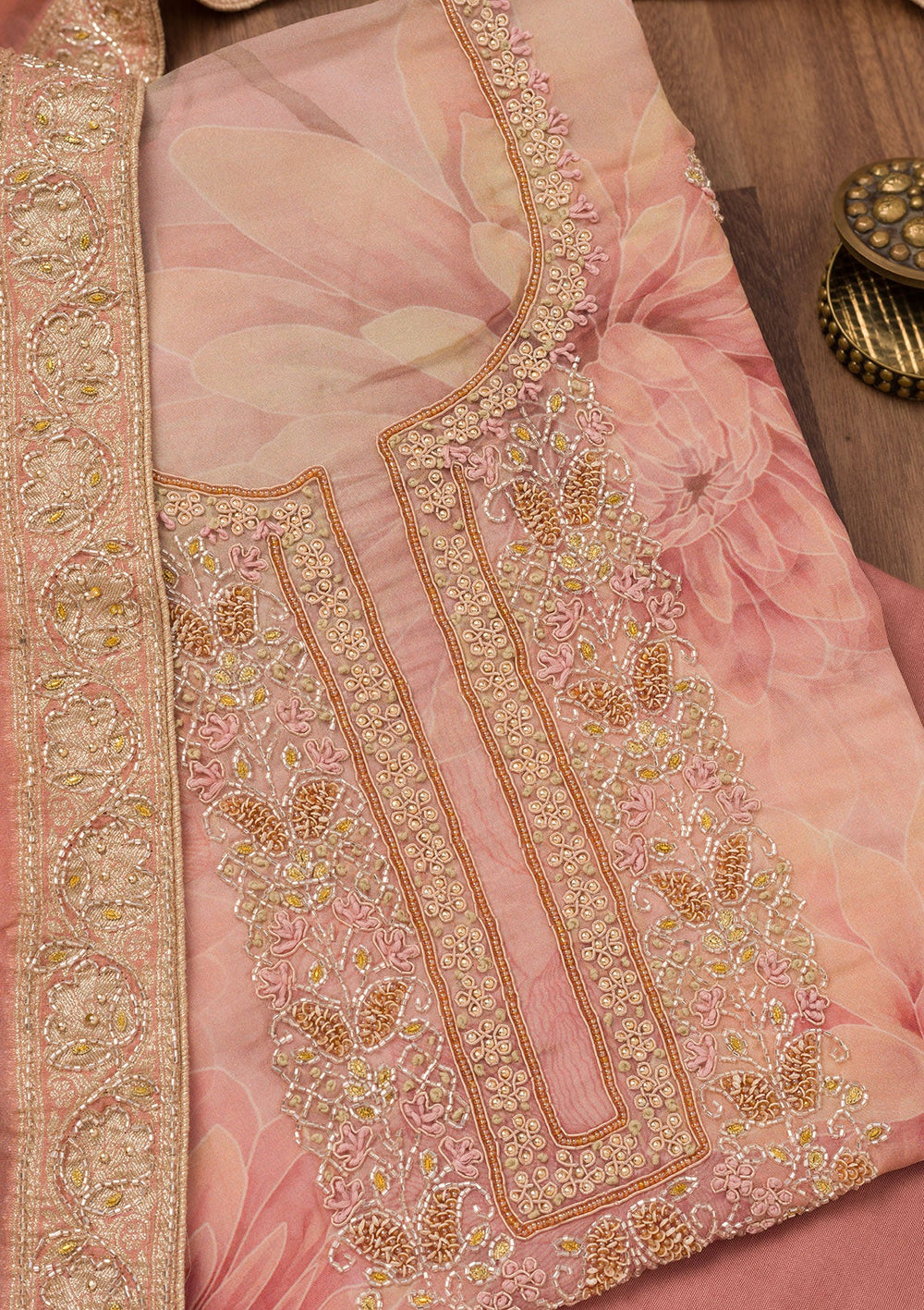 Rust Printed Semi Crepe Unstitched Salwar Suit-Koskii