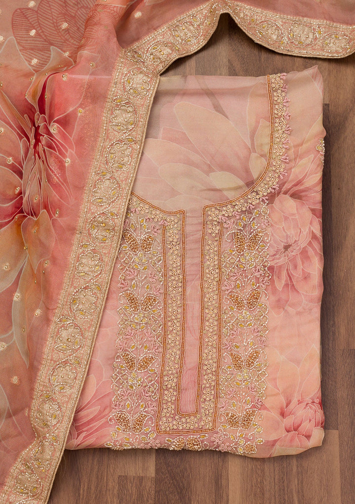 Rust Printed Semi Crepe Unstitched Salwar Suit-Koskii