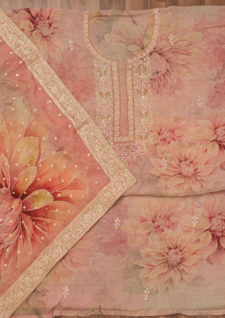 Rust Printed Semi Crepe Unstitched Salwar Suit-Koskii