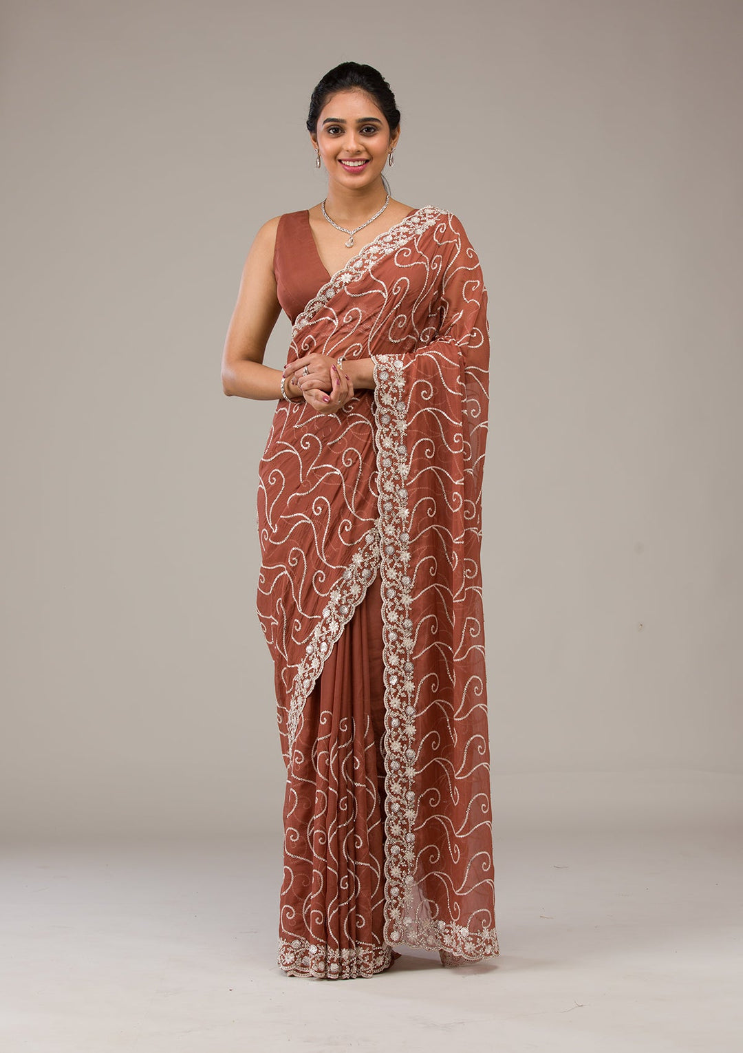 Rust Sequins Georgette Saree-Koskii