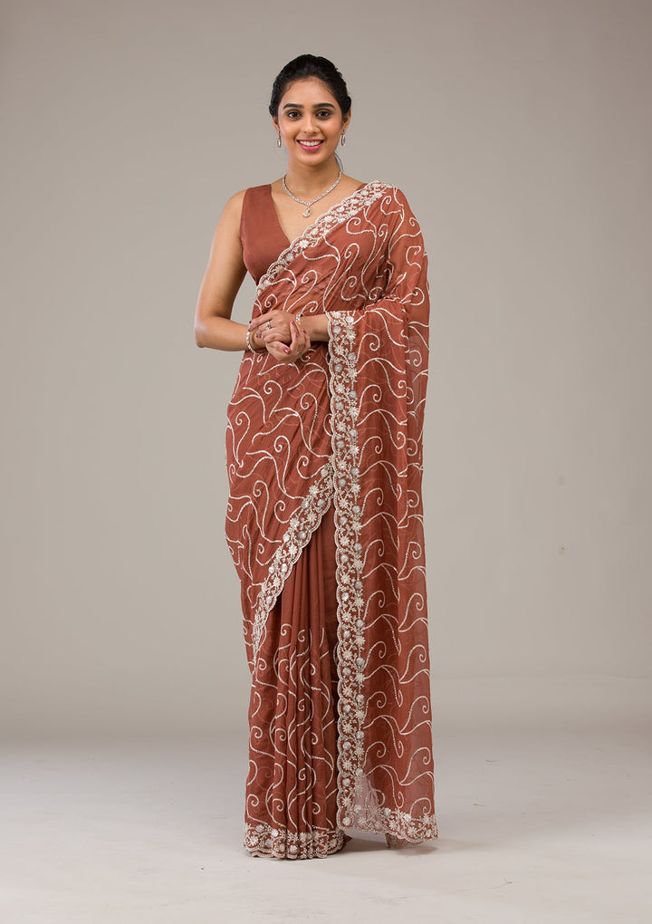 Rust Sequins Georgette Saree-Koskii