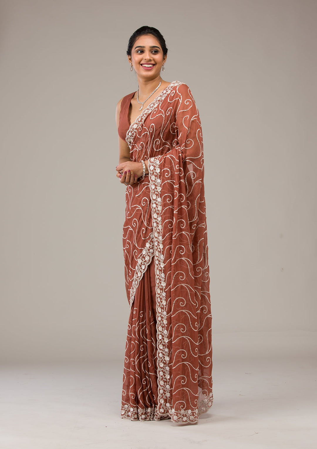 Rust Sequins Georgette Saree-Koskii