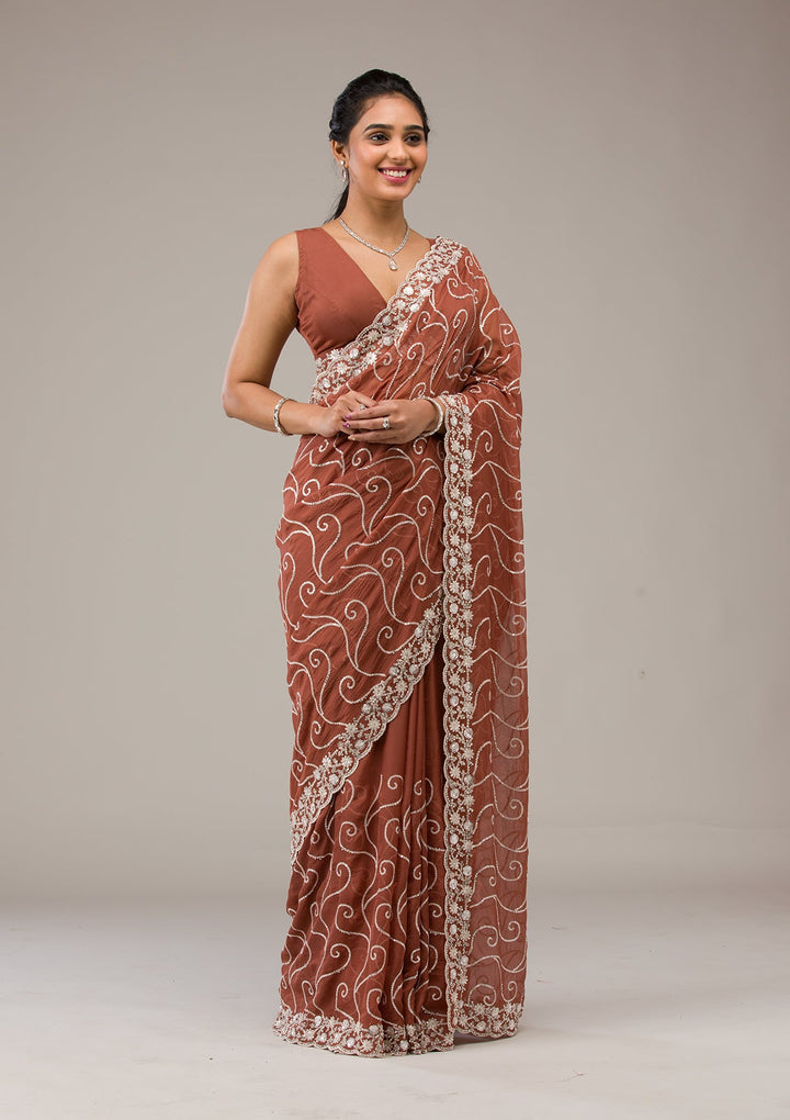Rust Sequins Georgette Saree-Koskii