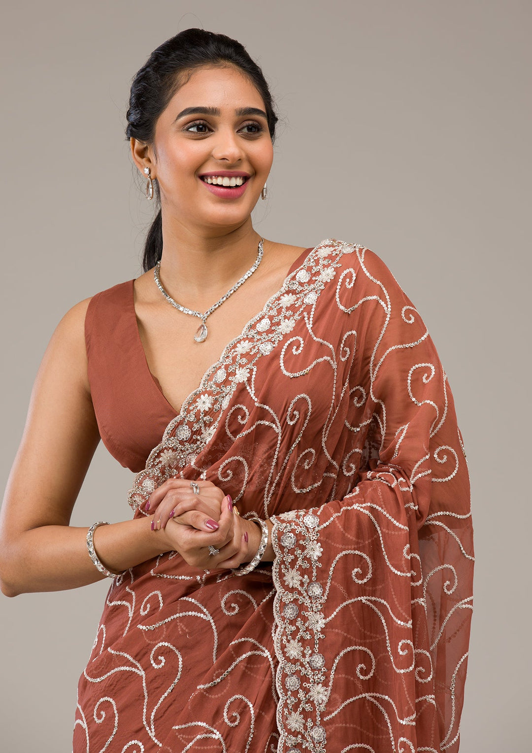 Rust Sequins Georgette Saree-Koskii