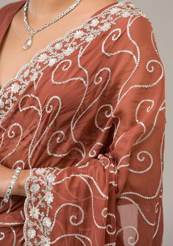 Rust Sequins Georgette Saree-Koskii
