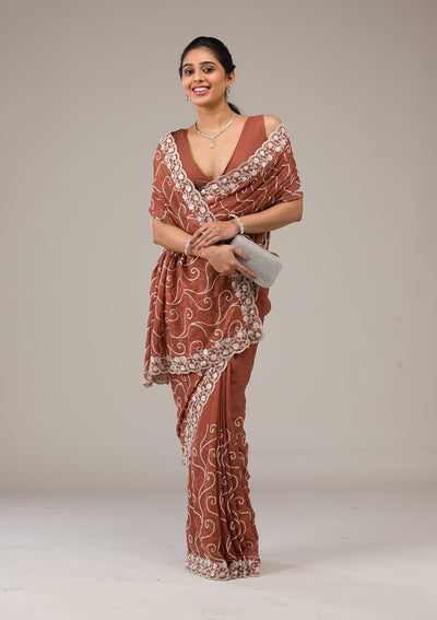 Rust Sequins Georgette Saree-Koskii