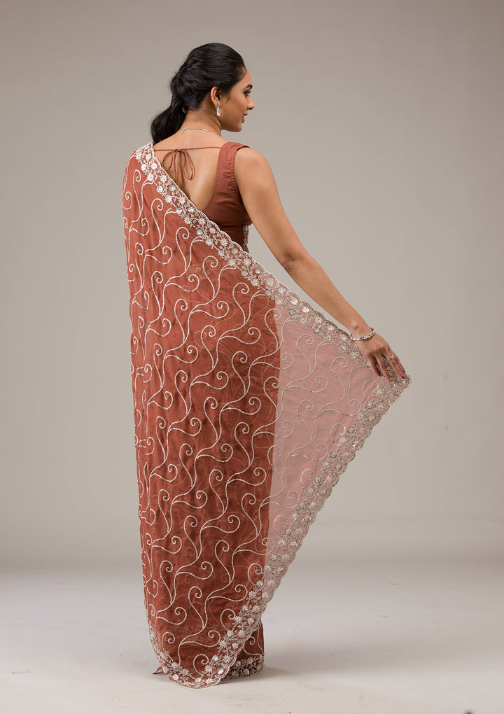 Rust Sequins Georgette Saree-Koskii