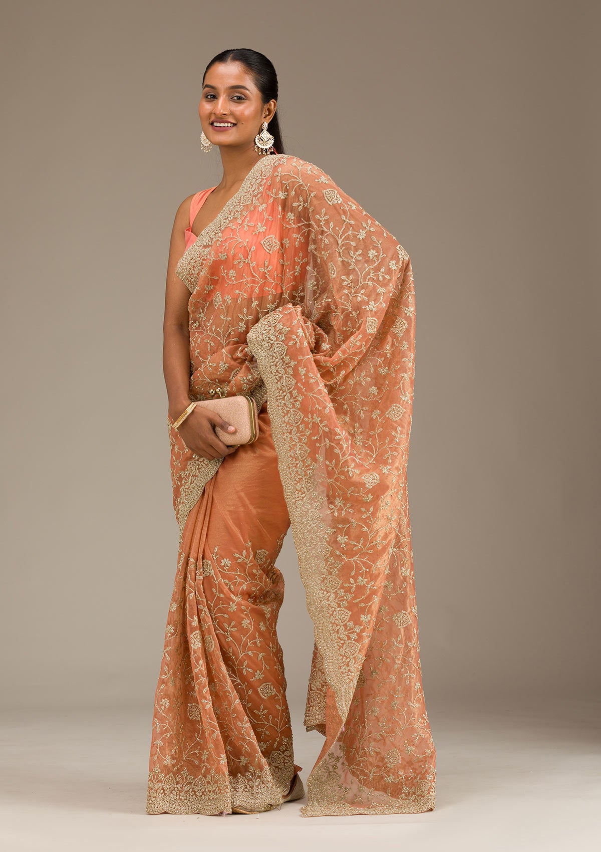 Rust Sequins Tissue Saree