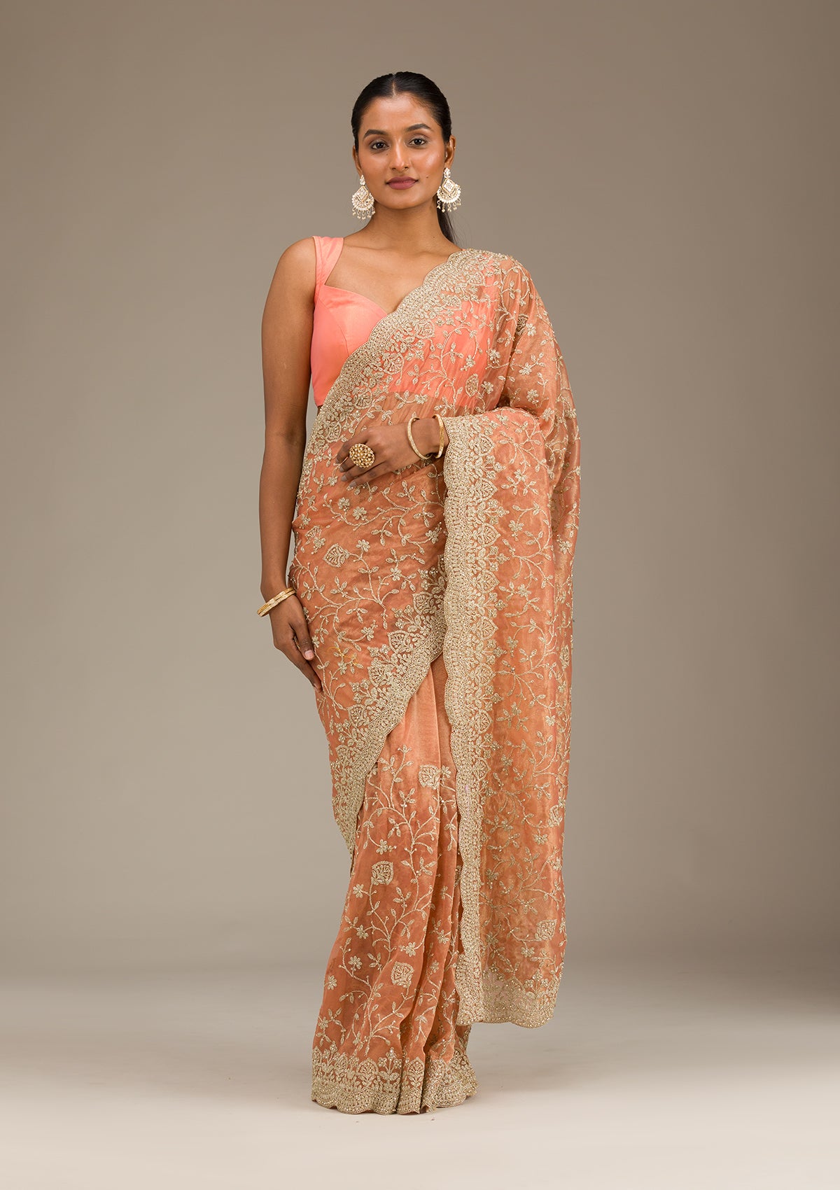 Rust Sequins Tissue Saree