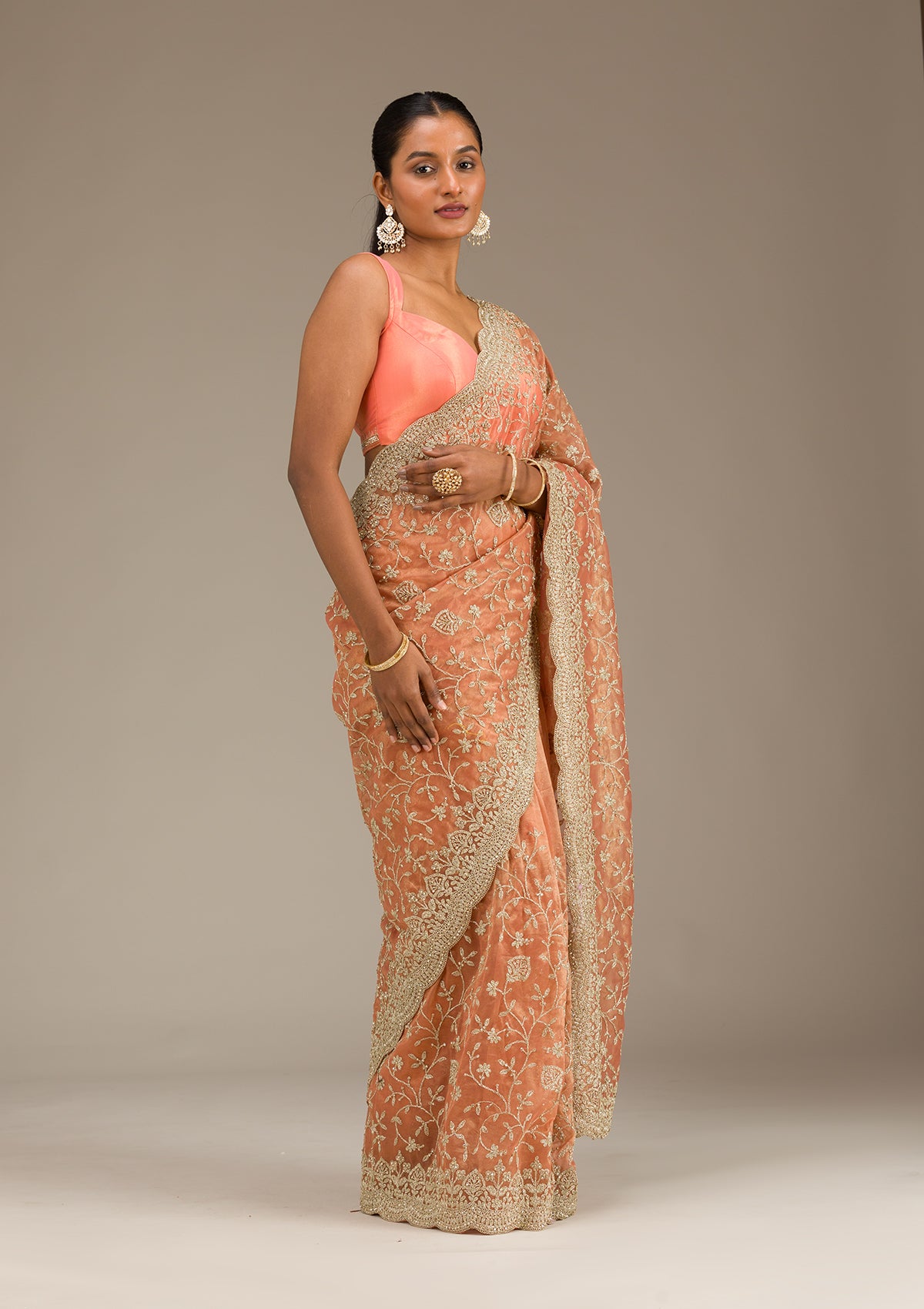 Rust Sequins Tissue Saree