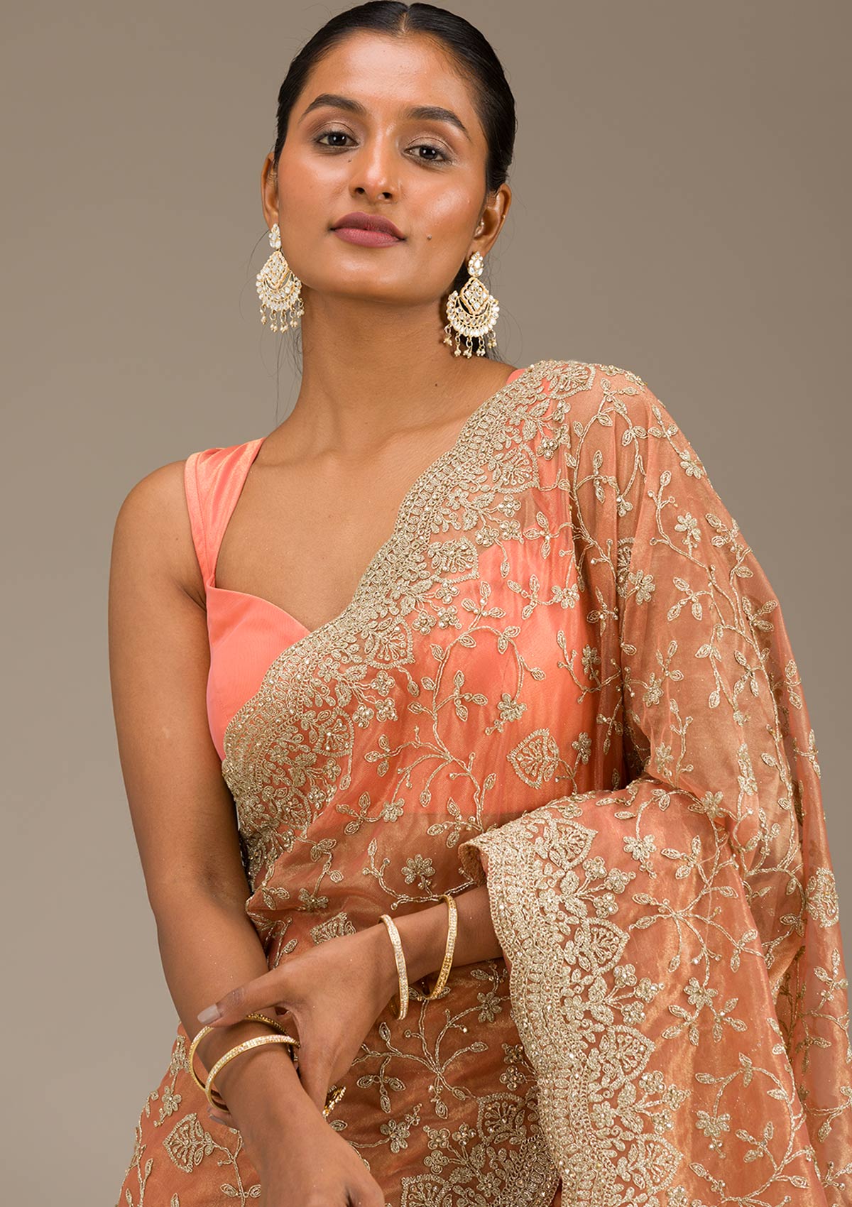 Rust Sequins Tissue Saree