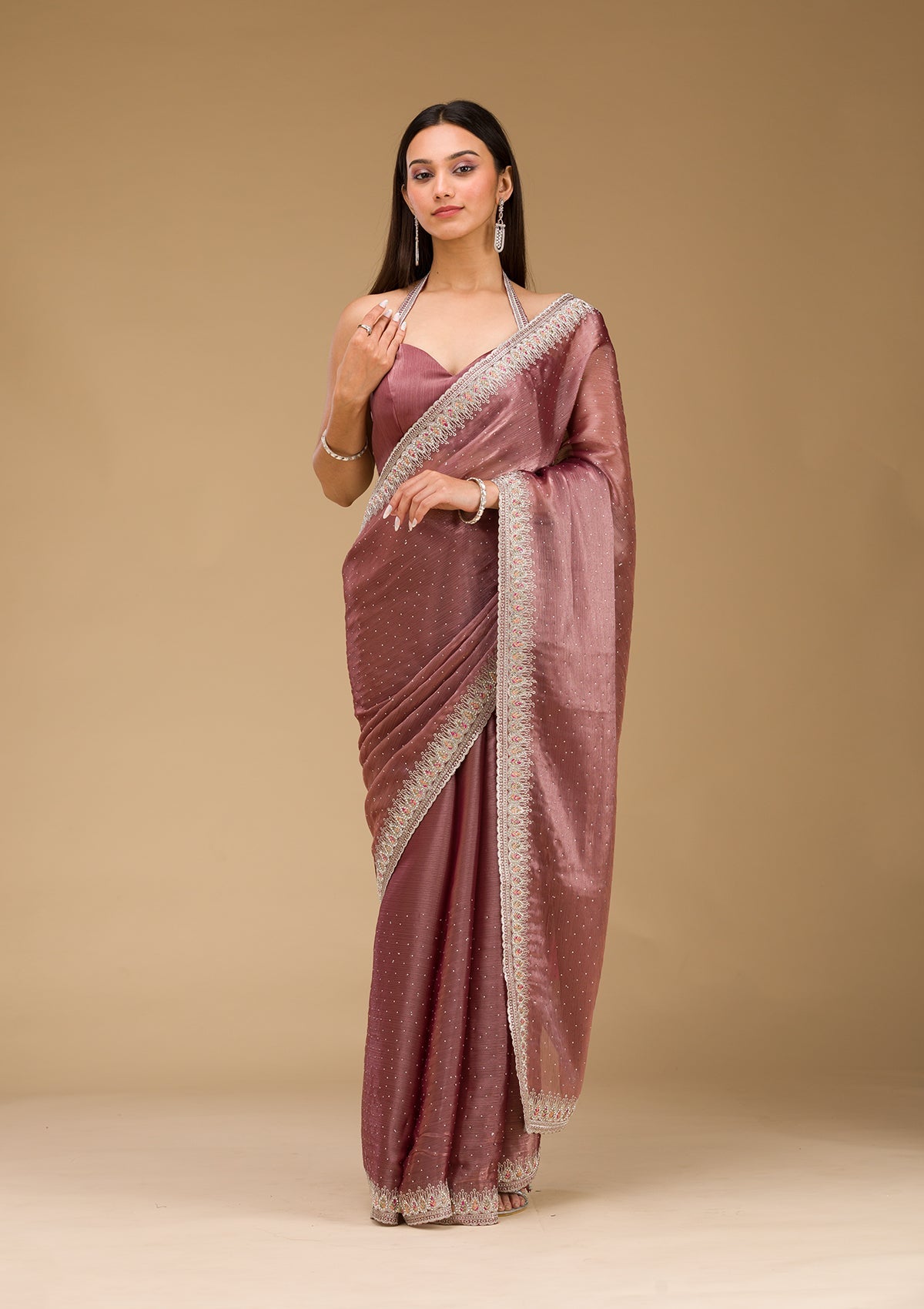 Rust Stonework Chiffon Saree